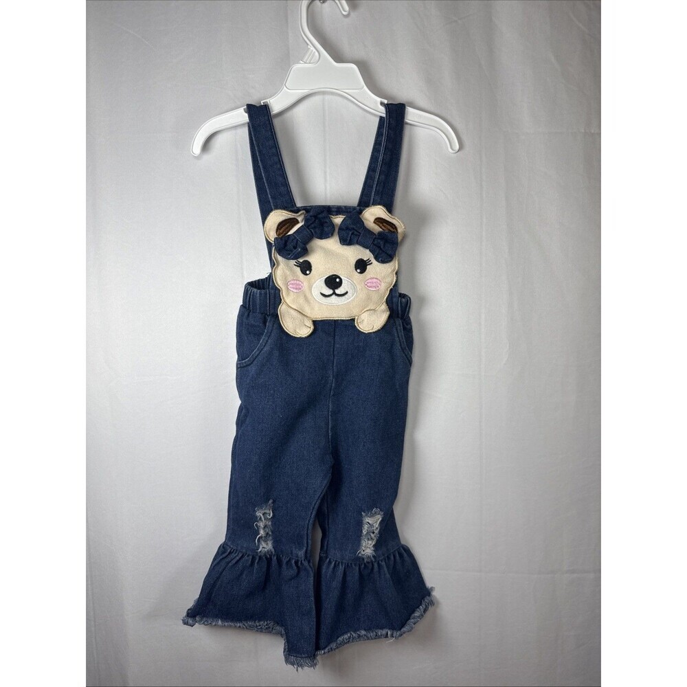 Unbranded Overalls Bear Design Distressed Flare Leg Size 9-12 M Preowned